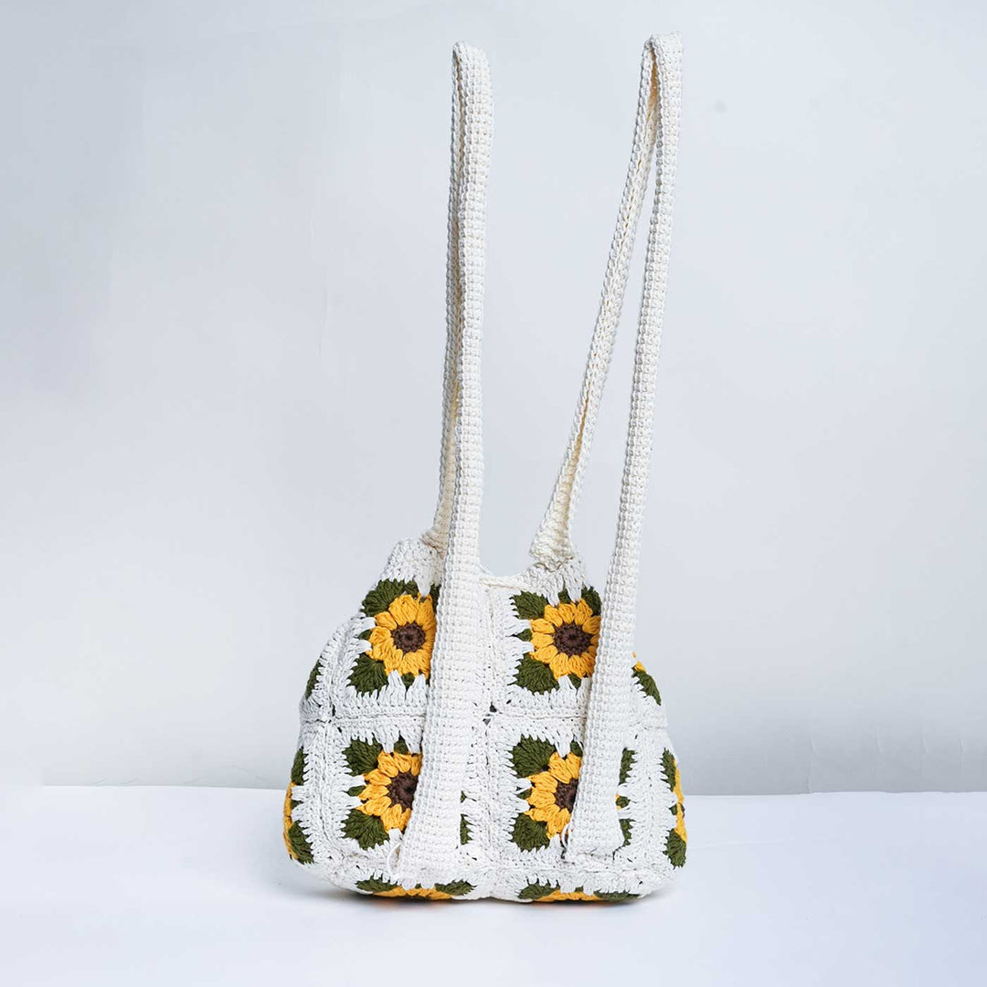Handmade Crochet Sunflower Design White Cotton Backpack