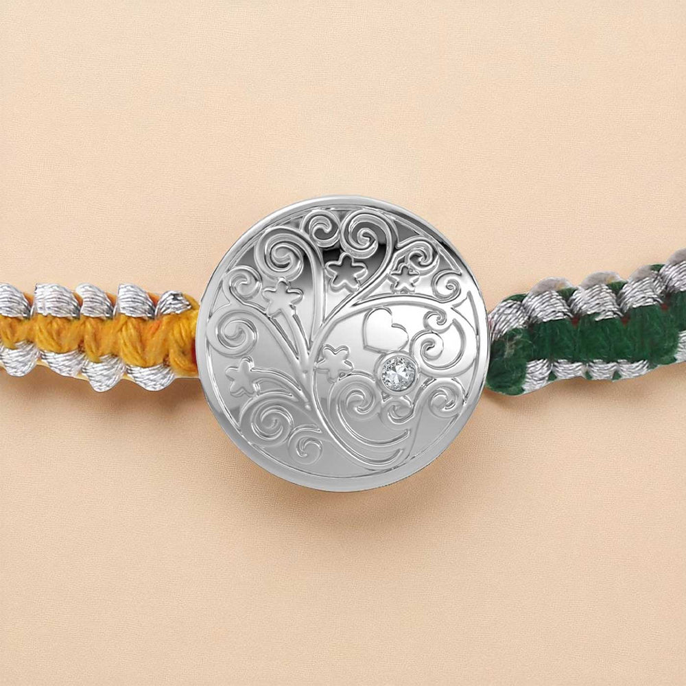 Handmade Swirl Design Silver Rakhi For Brother 1 - Close-up of Center Charm