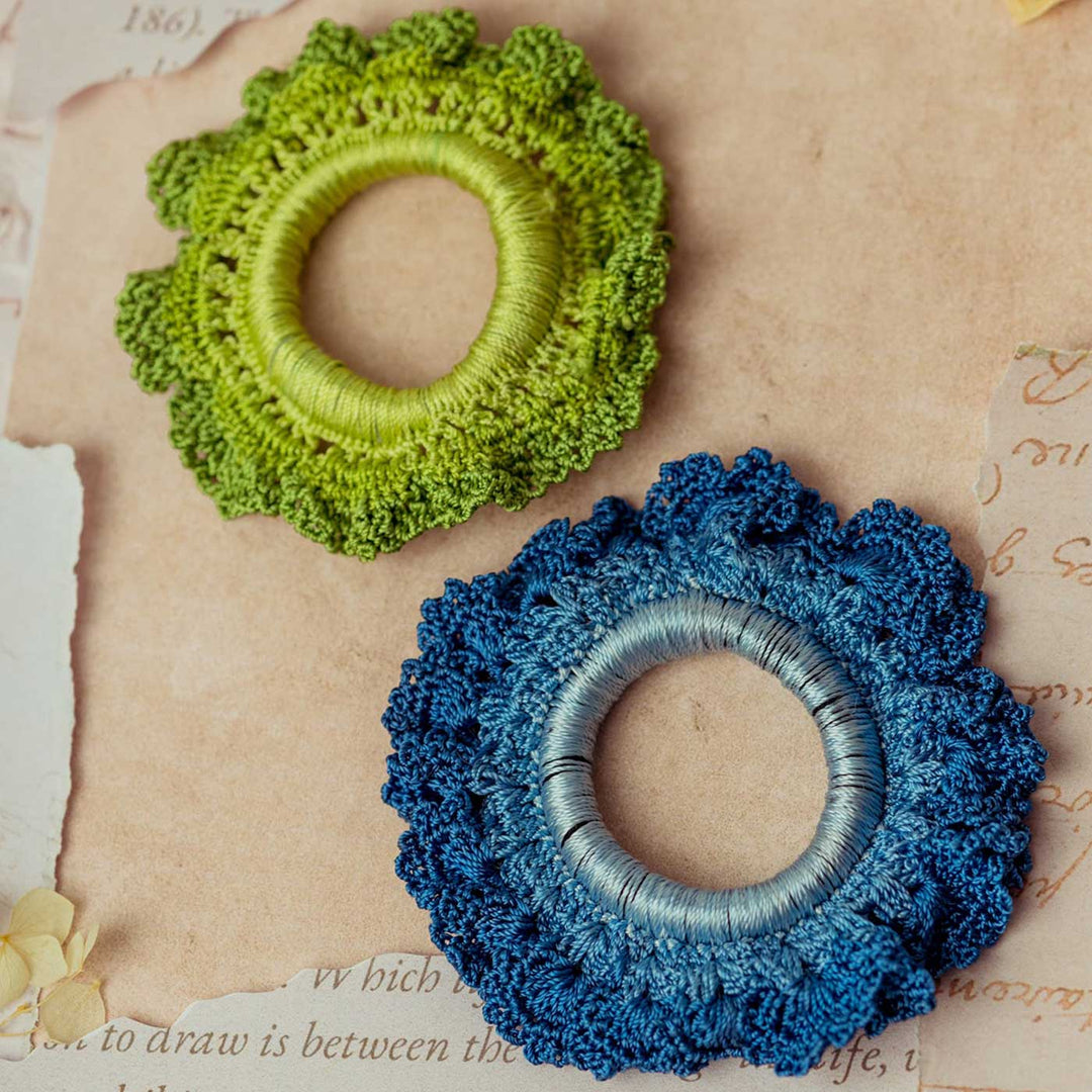 Handmade Crochet Guncha Green Blue Ombre Bloom Scrunchie | Set Of 2