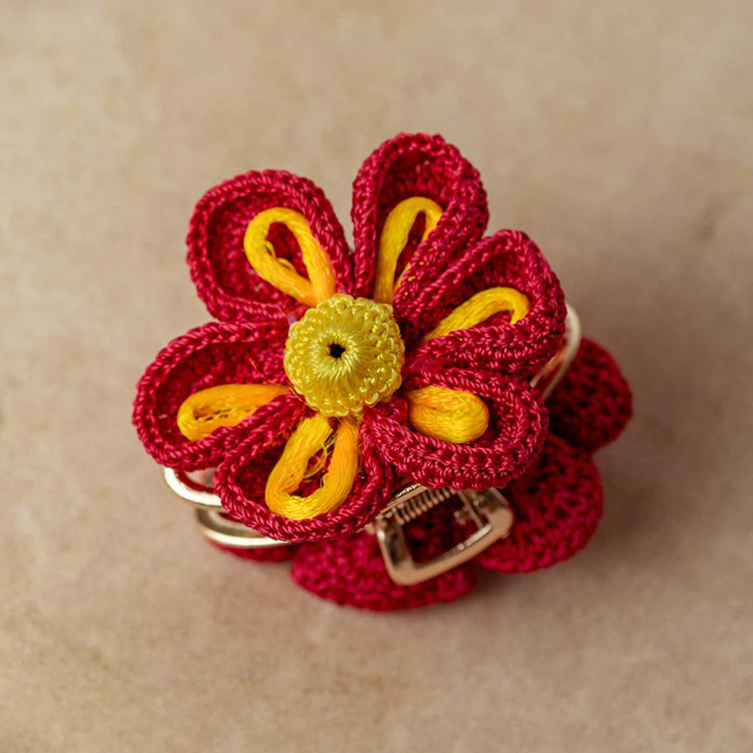 Handmade Crochet Guncha Red Zinnia Hair Clutch