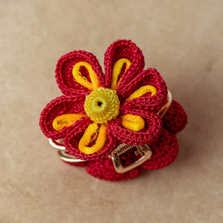 Handmade Crochet Guncha Red Zinnia Hair Clutch