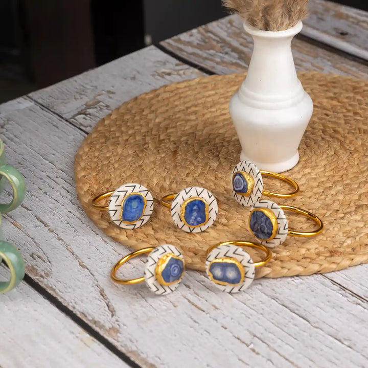 Black And White Cotton Fabric Coated MDF Napkin Rings With Agate Accent Premium Dining Set | Set of 6