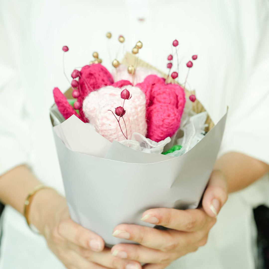 Handmade Crochet Pink And White Petals Flower Bouquet