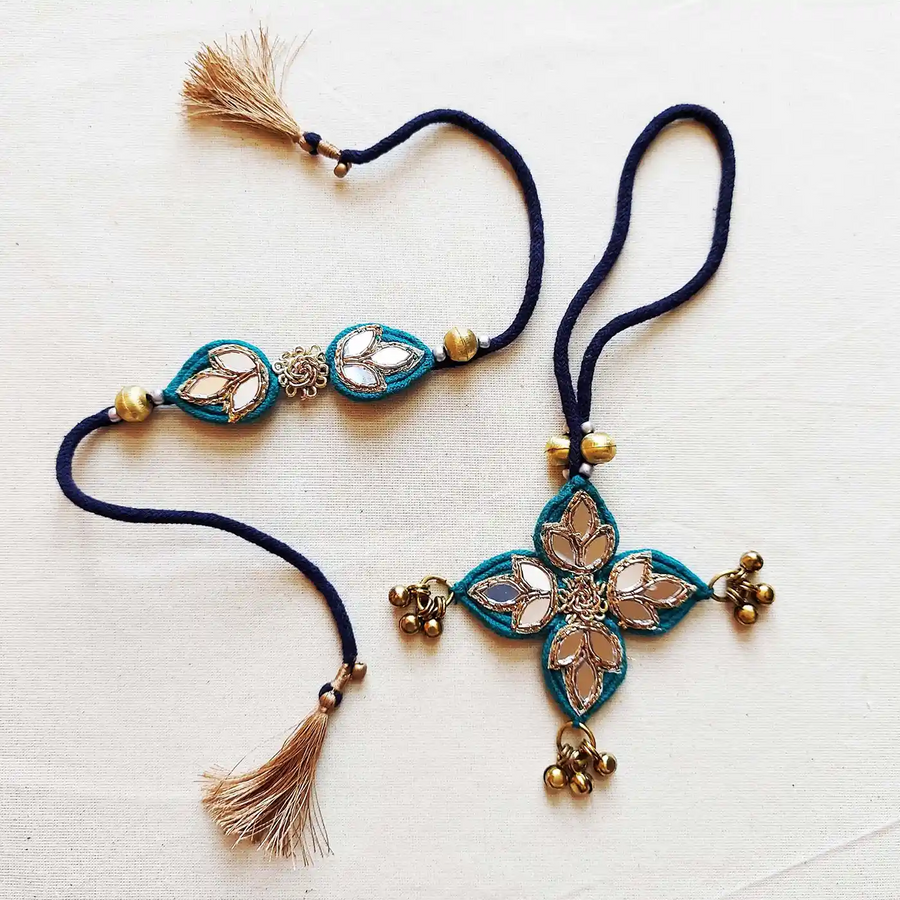 Handmade Mirror Work And Ghungroo Teal Bhaiya Bhabhi Rakhi With Roli Chawal Set Of 2 - Set Front View