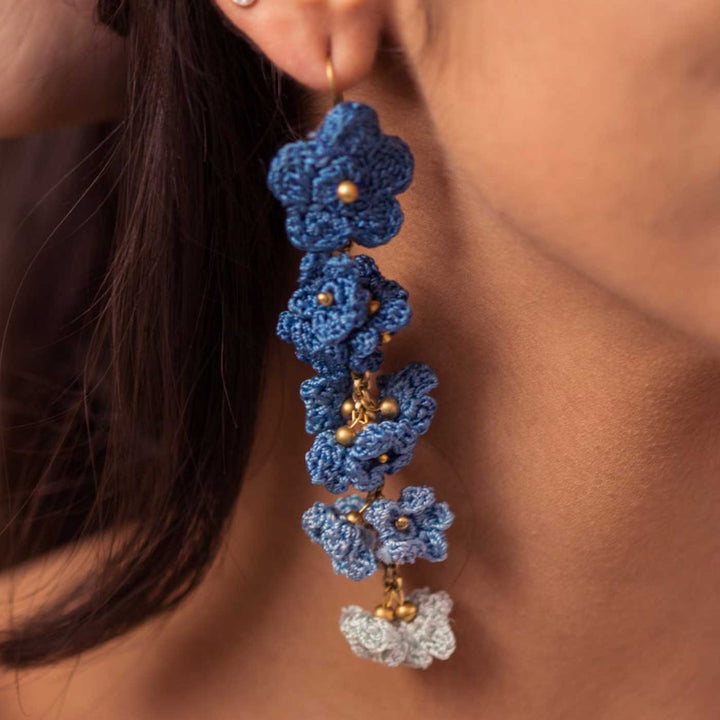 Handmade Crochet Indigo Shower Floral Dangler Earrings