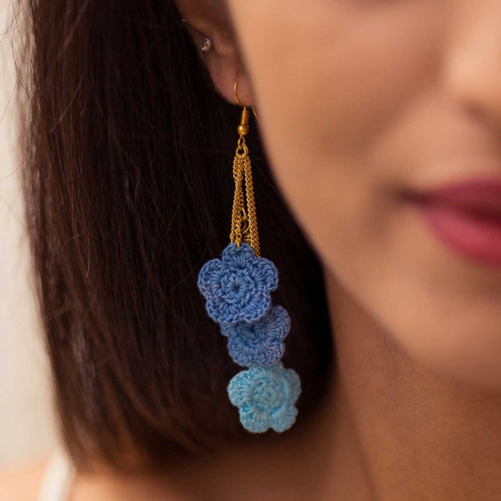 Handmade Crochet Blue Poppies Viscose Thread Swing Earrings