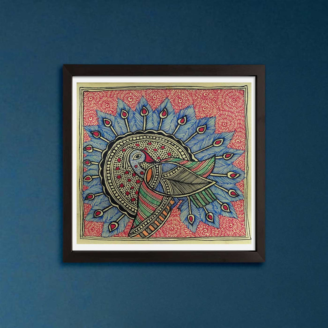 7 x 7 Inch | Colorful Peacock | Original Hand Painted Madhubani Painting | Natural Pigments On Paper