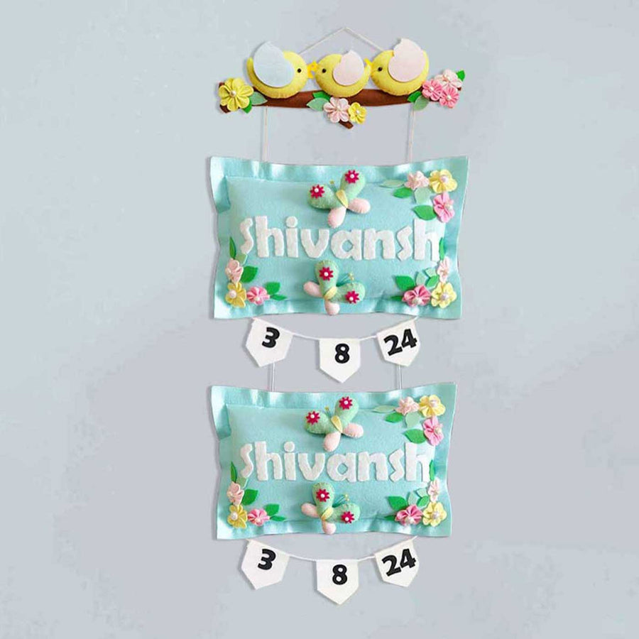 Hand Stitched Pillow Bird Themed Felt Kids Nameplate For Siblings - Hanging with Name and Date Tags