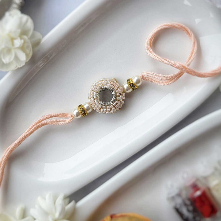Handmade Beaded Candy Floss Flower Rakhi Hamper With Roli Chawal For Bhaiya And Bhabhi - Single Beaded Rakhi Detail