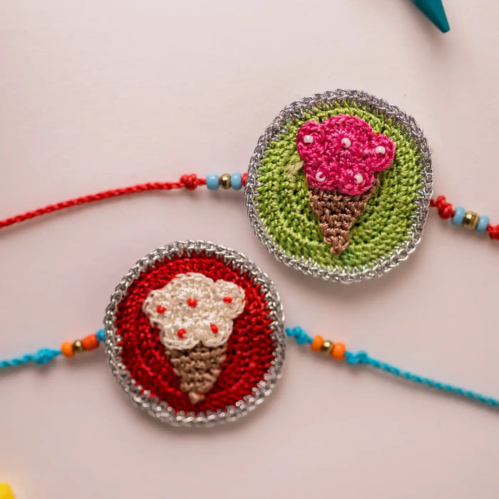 Handmade Crochet Ice Cream Theme Kids Rakhi With Roli Chawal Set Of 2 - Close-up of Crochet Ice Cream Charms