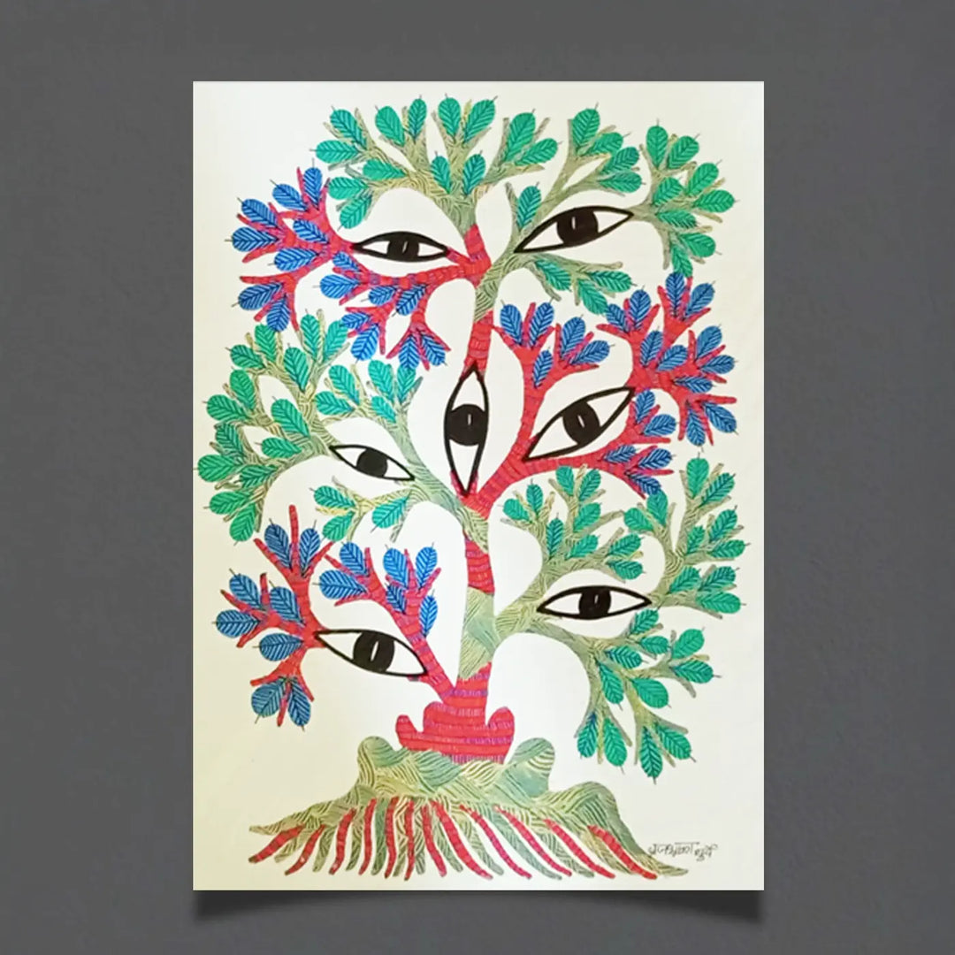 16 x 23 Inch | Eyes & Tree | Original Hand Painted Tribal Gond Art Painting | Acrylic Paint On Paper