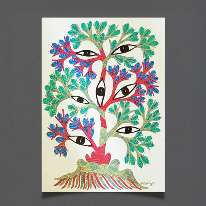 16 x 23 Inch | Eyes & Tree | Original Hand Painted Tribal Gond Art Painting | Acrylic Paint On Paper