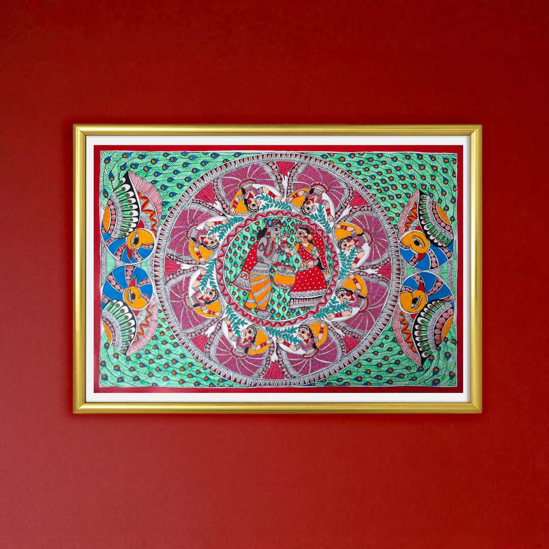 24 x 16 Inch | Radha Krishna Raas | Original Hand Painted Madhubani Painting | Acrylic Paints On Paper