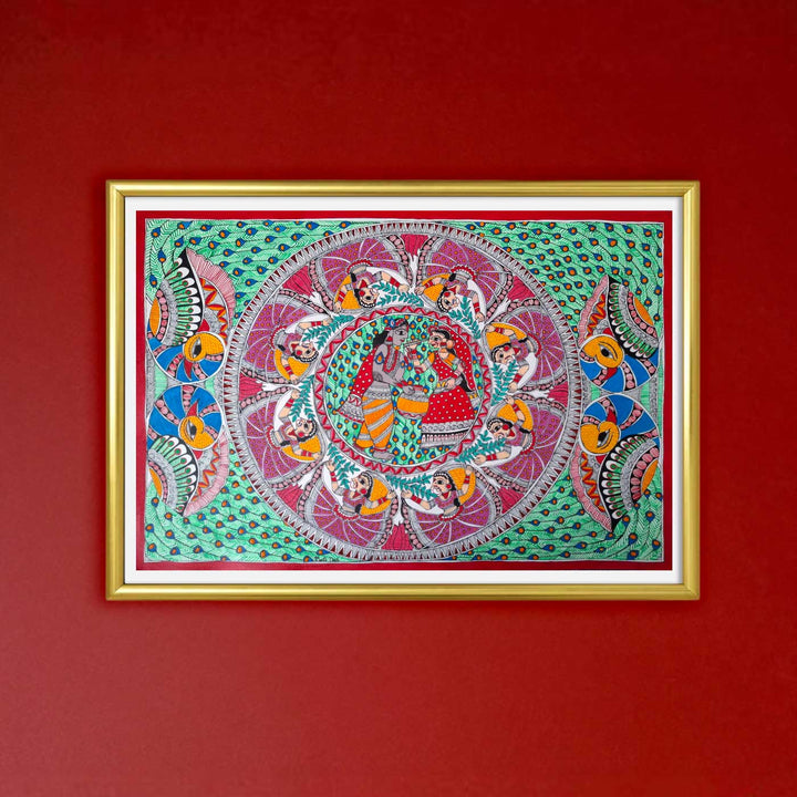 24 x 16 Inch | Radha Krishna Raas | Original Hand Painted Madhubani Painting | Acrylic Paints On Paper