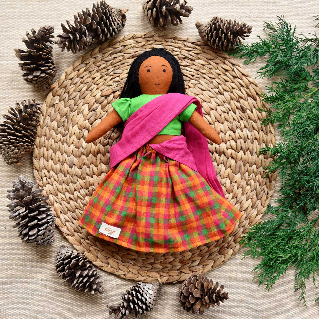 Nilah's (Younger Sister) Malar In Half Saree | Soft Hand-Stitched Sustainable Indian Play Doll