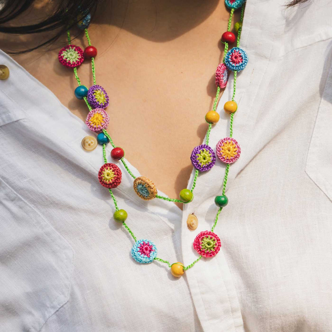 Handmade Crochet Multicolor Tiki Beads Mela Necklace