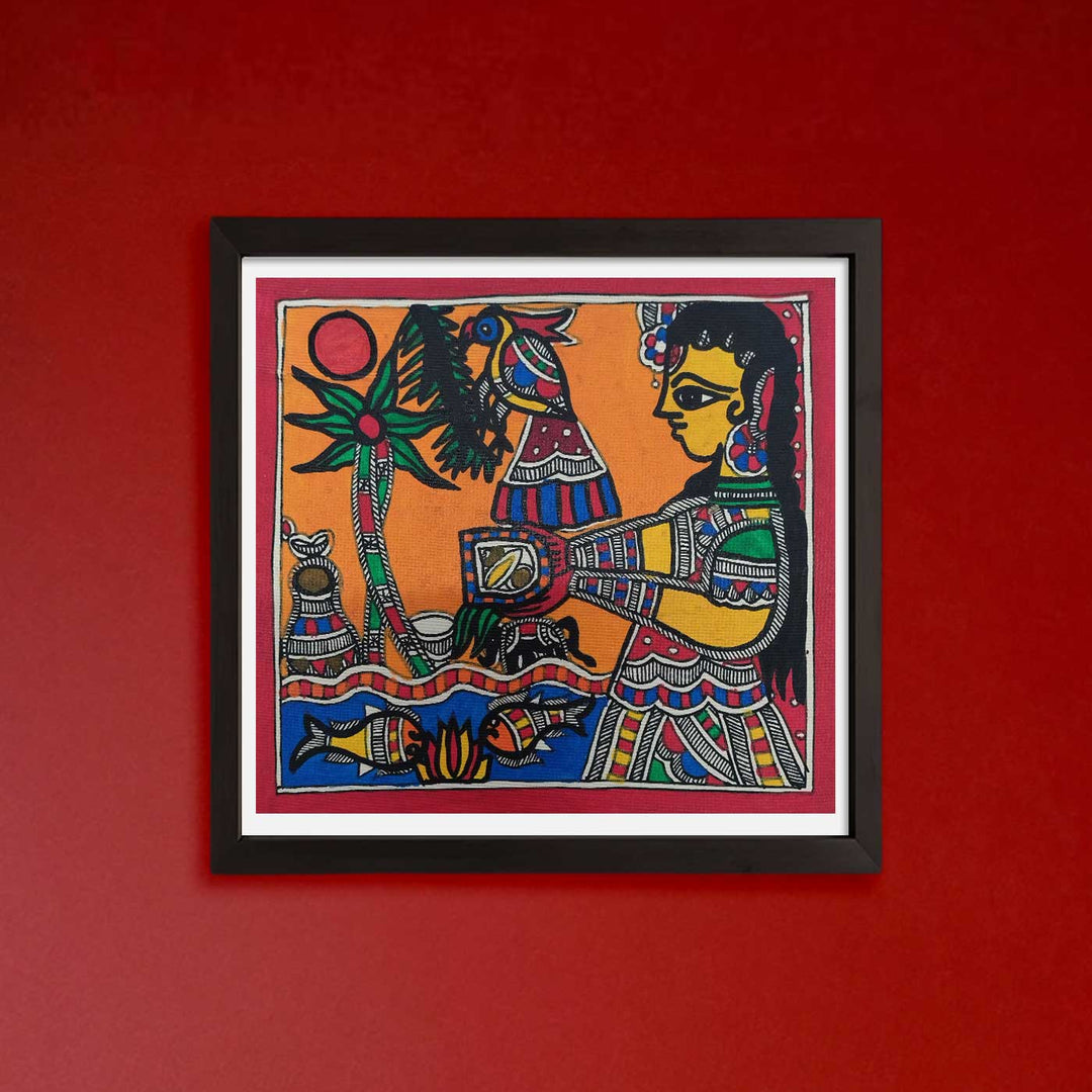 7 x 7 Inch | Life by the Riverbank | Original Hand Painted Madhubani Painting | Natural Pigments On Paper