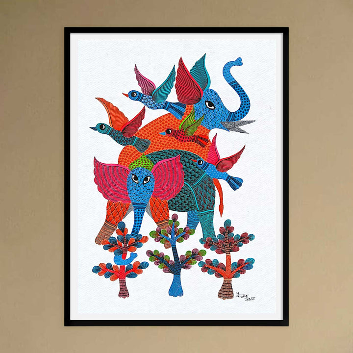 11 x 15 Inch | Colorful Elephant & Birds in Harmony | Original Hand painted Tribal Gond Art Painting | Acrylic Paints On Paper