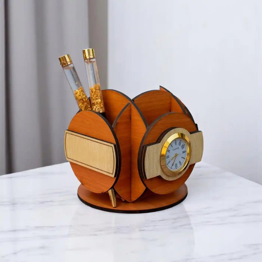 Personalized Clock Design Wooden Pen Holder