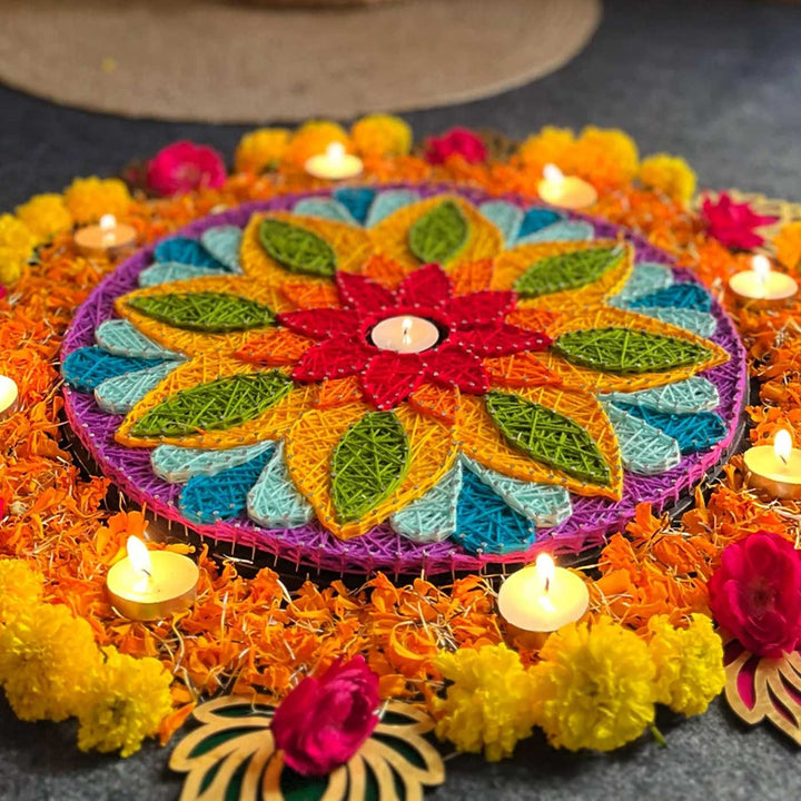 Handmade String Art Rangoli Design Mdf Wood Tealight Holder