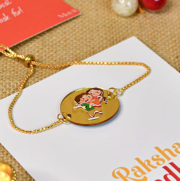 Beaded Bhai Behen Acrylic Bracelet Rakhi Hamper With Chocolates And Roli Chawal For Brother Customizable Options Includes Up To 7 Goodies - Front View of Bracelet