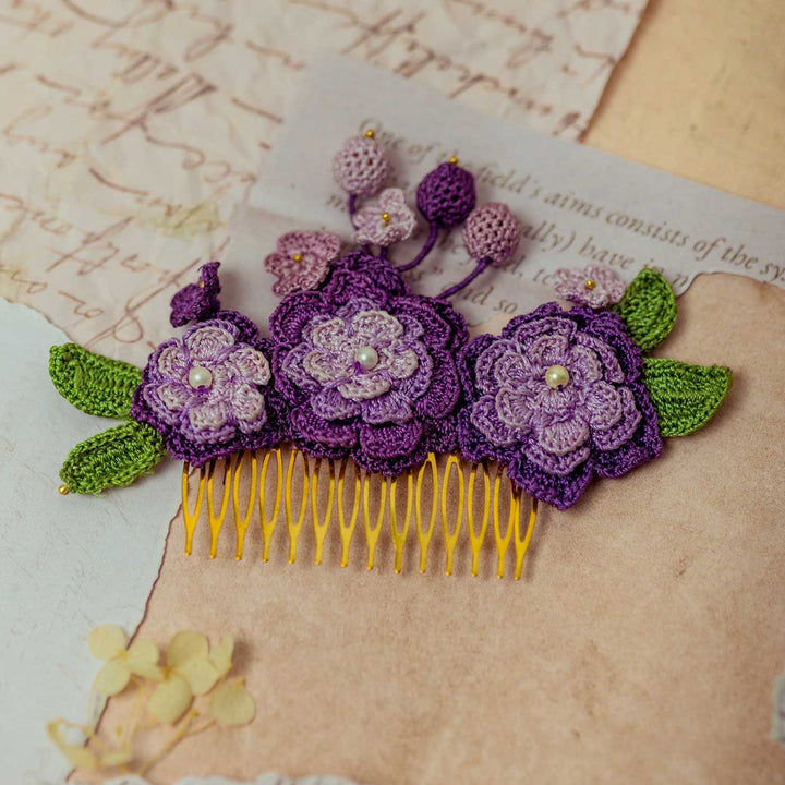 Handmade Crochet Guncha Purple Zinnias Hair Comb Pin