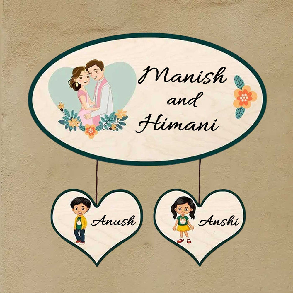 Printed Wooden Oval Character Nameplate For Family And Couples 2 - Wall Mounted Personalized Name Plate