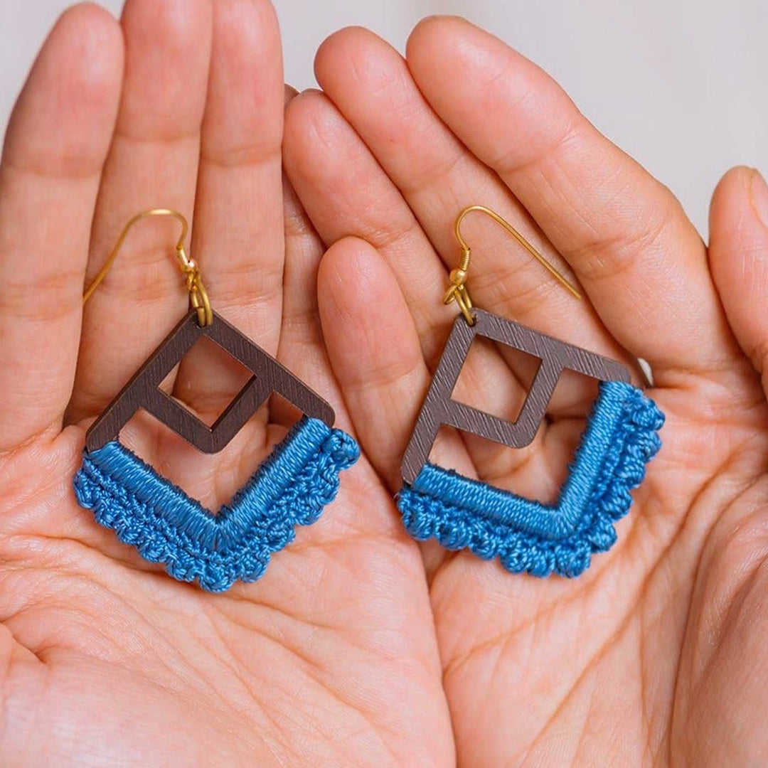 Handmade Crochet Indigo Square Loop Earrings