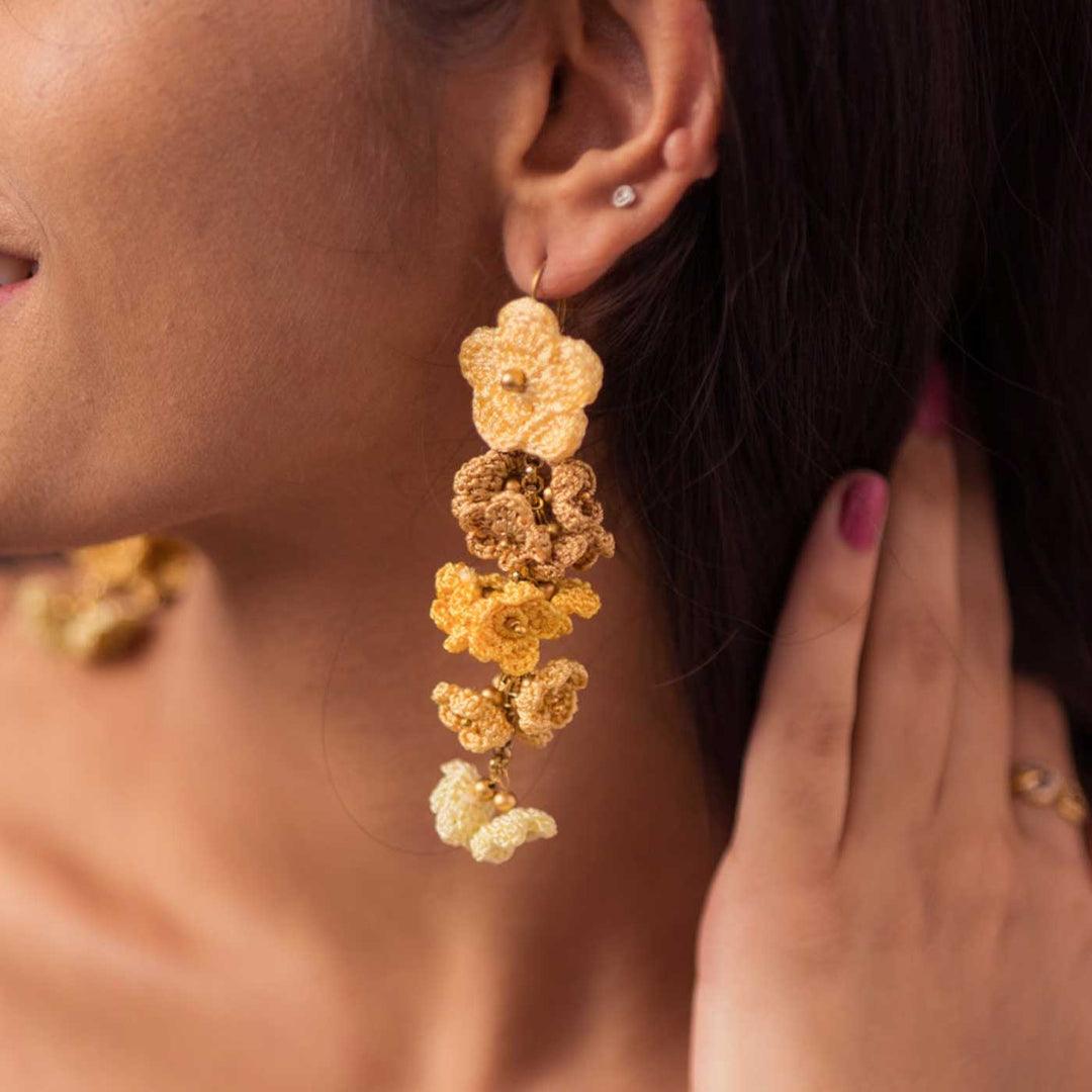 Handmade Crochet Yellow Shower Floral Dangler Earrings