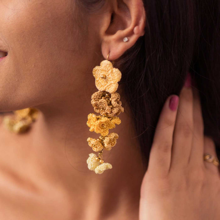Handmade Crochet Yellow Shower Floral Dangler Earrings