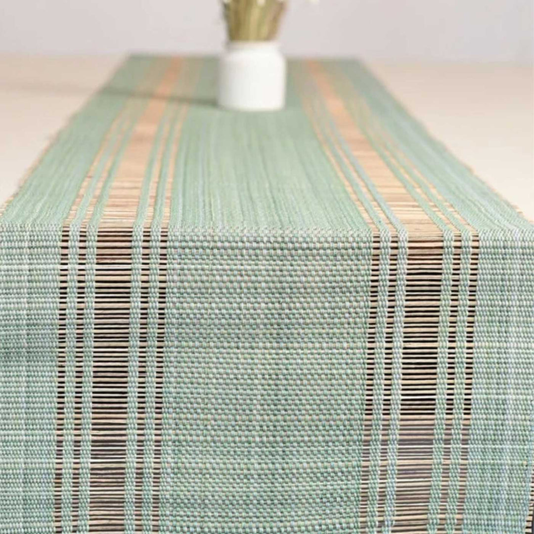 Hand Woven Double Striped Madhurkati Green Table Runner & Table Mat