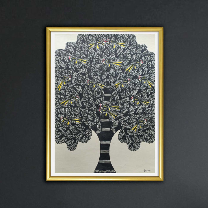 22 x 30 Inch | Birds In Tree | Original Hand Painted Madhubani Painting | Natural Pigments On Paper