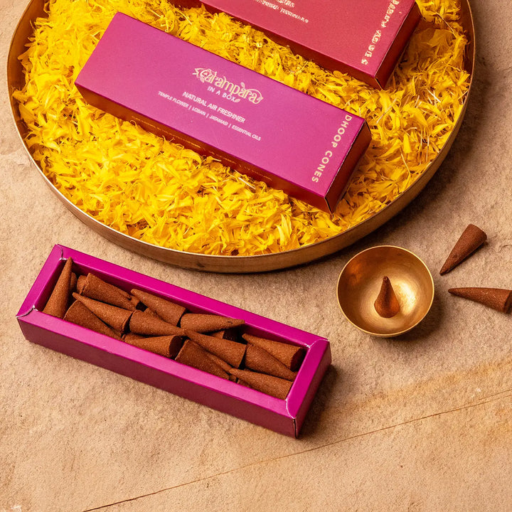 Home Harmony Diwali Gift Hamper | Includes 1 Dhoop Cones Pack, 1 Incense Burner, 1 Rose Water, 1 Havan Cups Pack, 5 Cow Dung Cakes