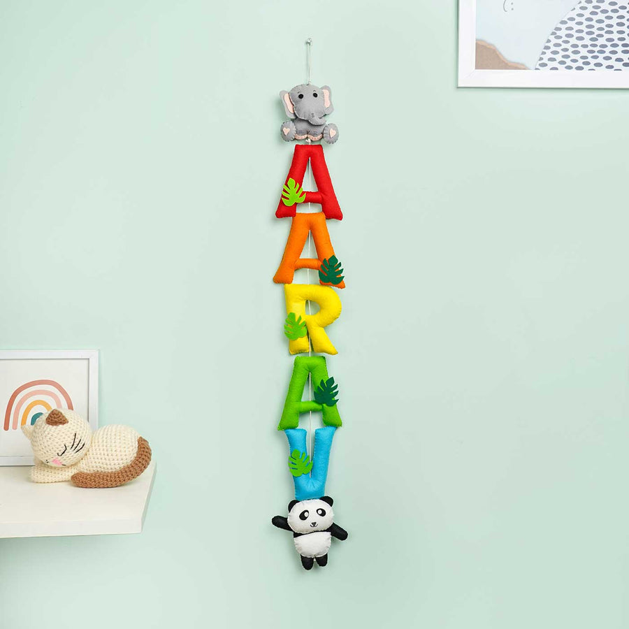 Handcrafted Personalized Ele And Panda Themed Bunting For Kids - Hanging from Wall Hook Close-up
