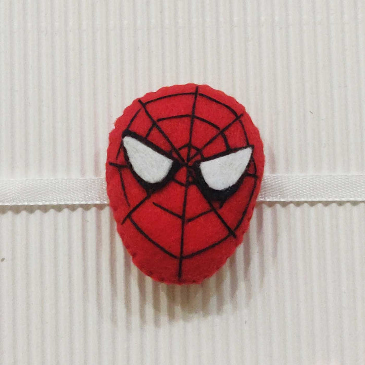 Handmade Spiderman Theme Felt Kids Rakhi With Roli Chawal 10 - Close-up Front View