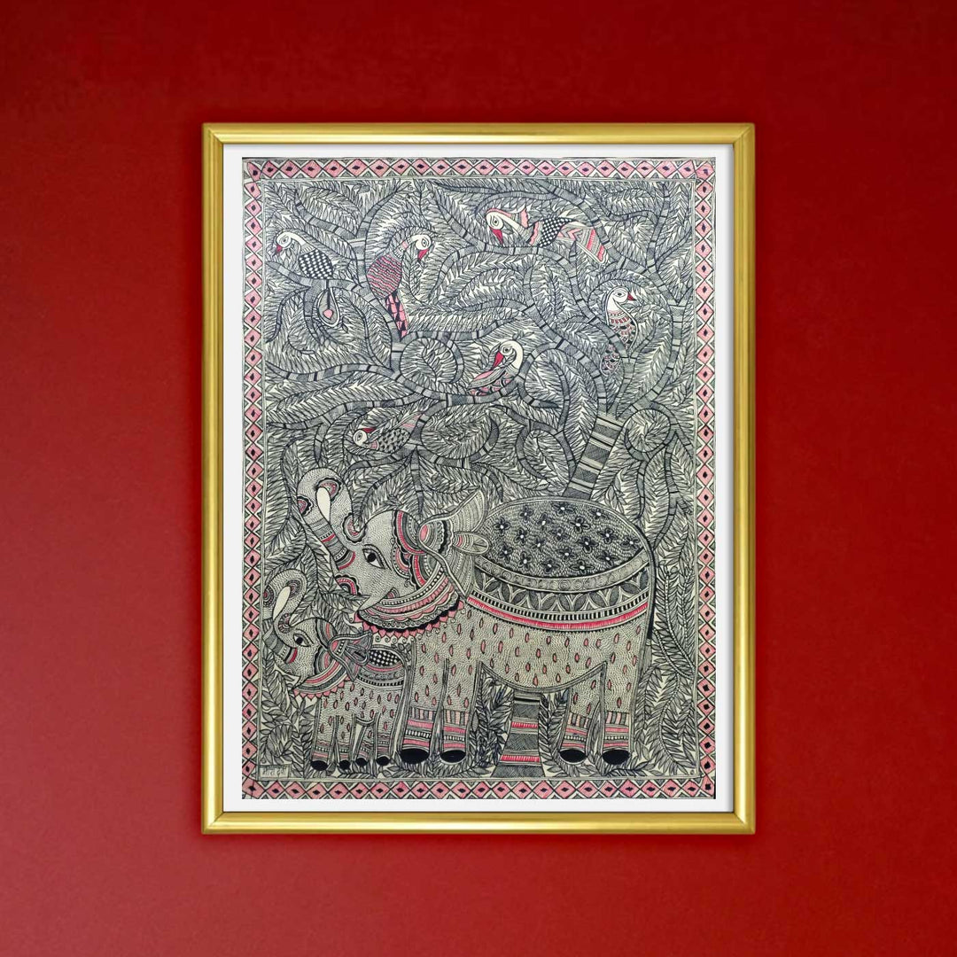 22 x 30 Inch | Elephant Grace in Black & Red | Original Hand Painted Madhubani Painting | Natural Pigments On Paper