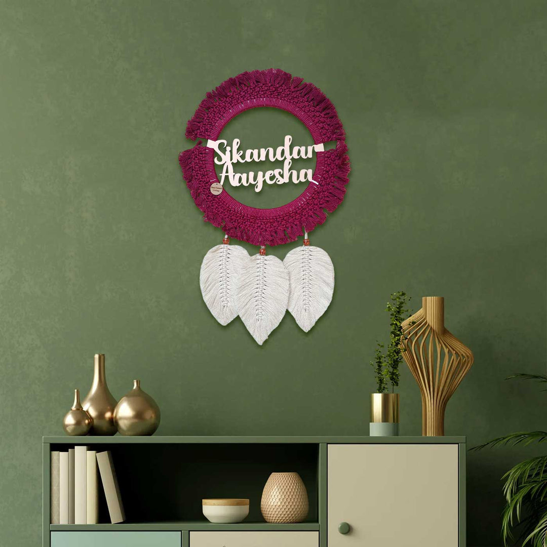 Personalized Macrame Round Pink & White Name Plate For Couples