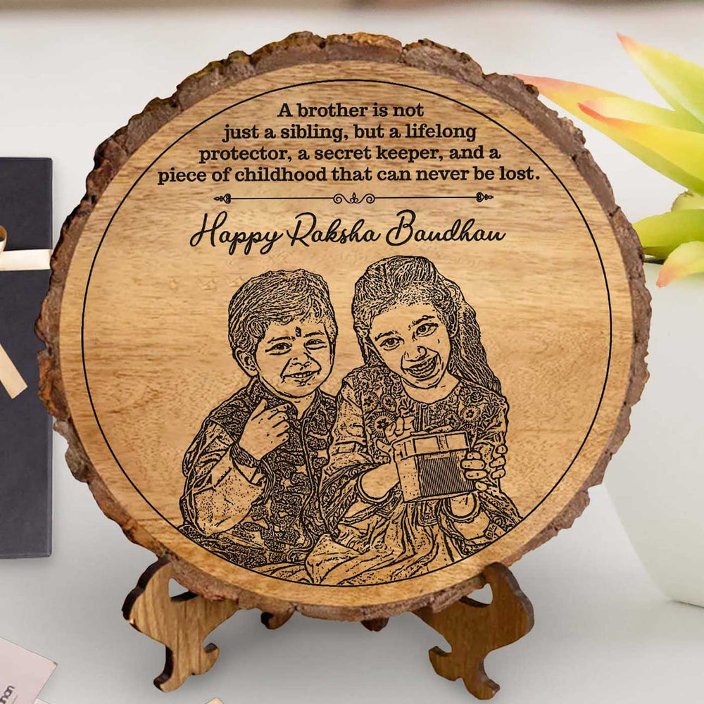 Photo Personalized Engraved Cute Bro Sis Theme Wooden Decorative Plaque Rakhi Hamper Includes 1 Rakhi 1 Plaque 1 Chocolate 1 Card And 1 Rakhi Plate - Close-up Front View of Plaque