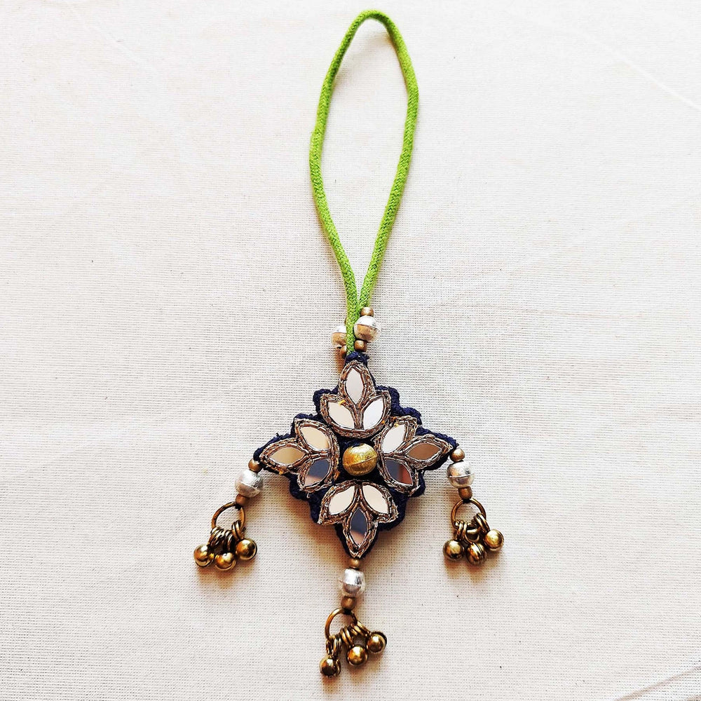 Handmade Mirror Work And Ghungroo Blue Bhaiya Bhabhi Rakhi With Roli Chawal Set Of 2 - Single Piece Front View