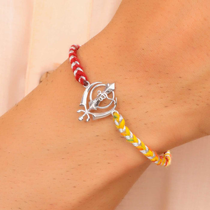 Handmade Sikh Design Religious Silver Rakhi For Brother - Worn on Wrist View