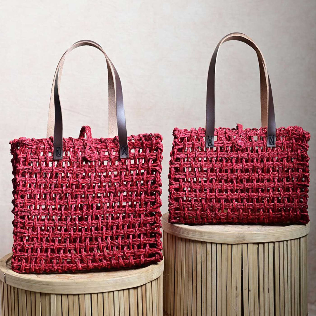 Handmade Grass Woven Leather Strap Box Shaped Red Sabai Mesh Tote Bag