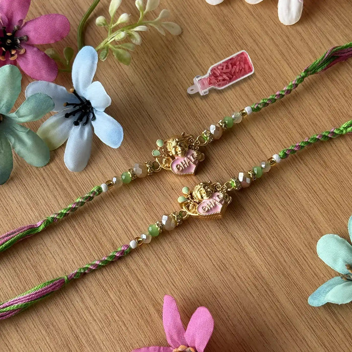 Handmade Beaded Bhai Rakhi With Roli Chawal 3 - Flat Lay Showing Two Bracelets