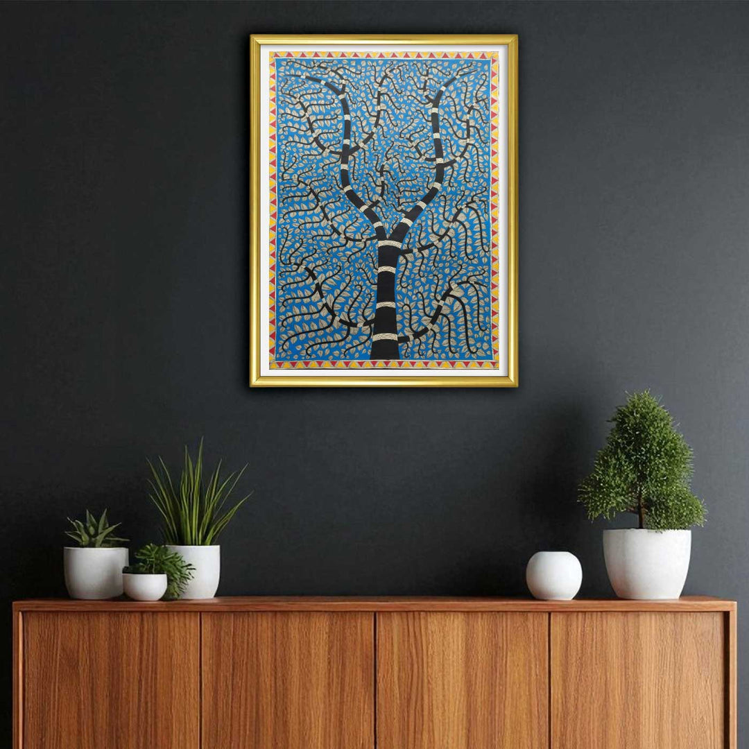 22 x 30 Inch | Blue Dense Leaf Tree | Original Hand Painted Madhubani Painting | Natural Pigments On Paper