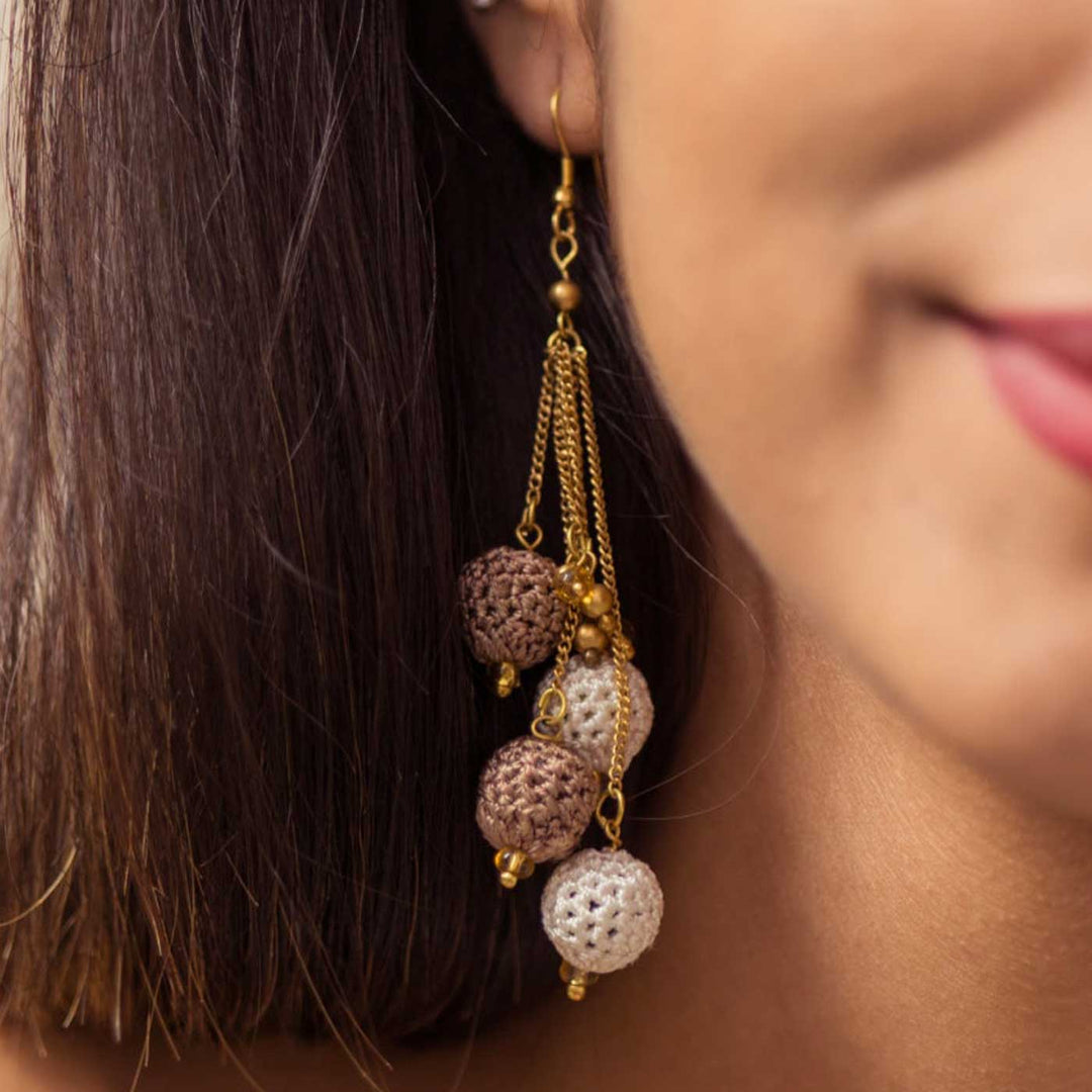 Handmade Crochet Brown Blobs Viscose Thread Swing Earrings