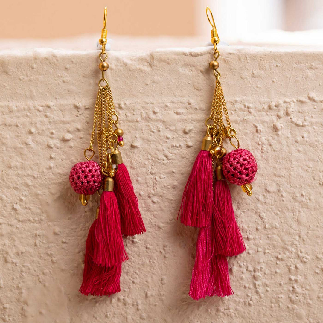 Handmade Crochet Fuchsia Tassel Viscose Thread Swing Earrings