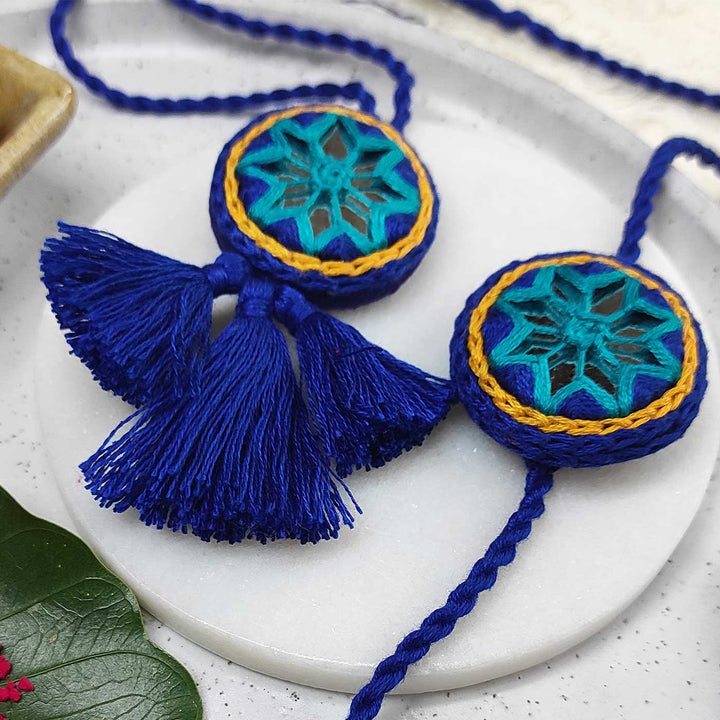 Customized Handmade Mirror Work Cotton Bhaiya Bhabhi Rakhi With Roli Chawal - Close-up Front View