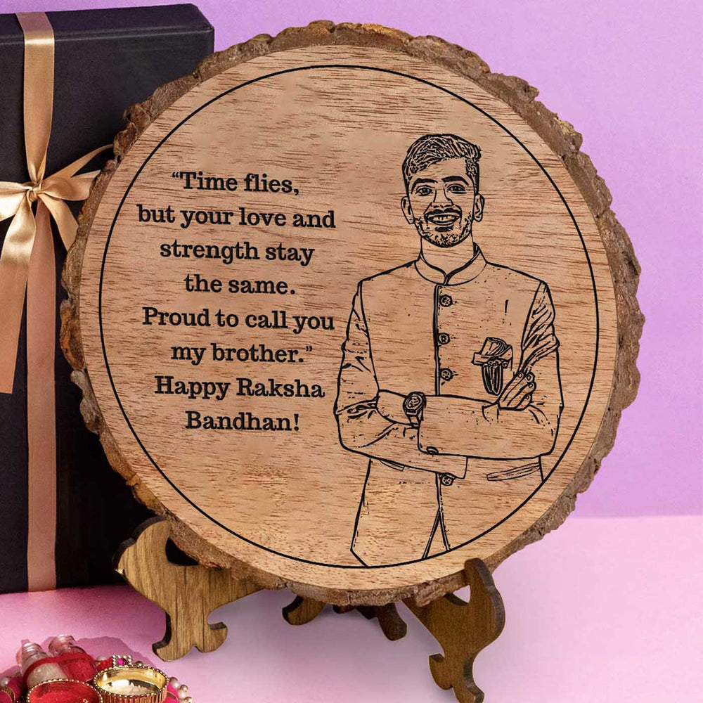 Photo Personalized Engraved Bhai Theme Wooden Decorative Plaque Rakhi Hamper Includes 1 Rakhi 1 Plaque 1 Chocolate 1 Card And 1 Rakhi Plate - Close-up of Engraved Wooden Plaque