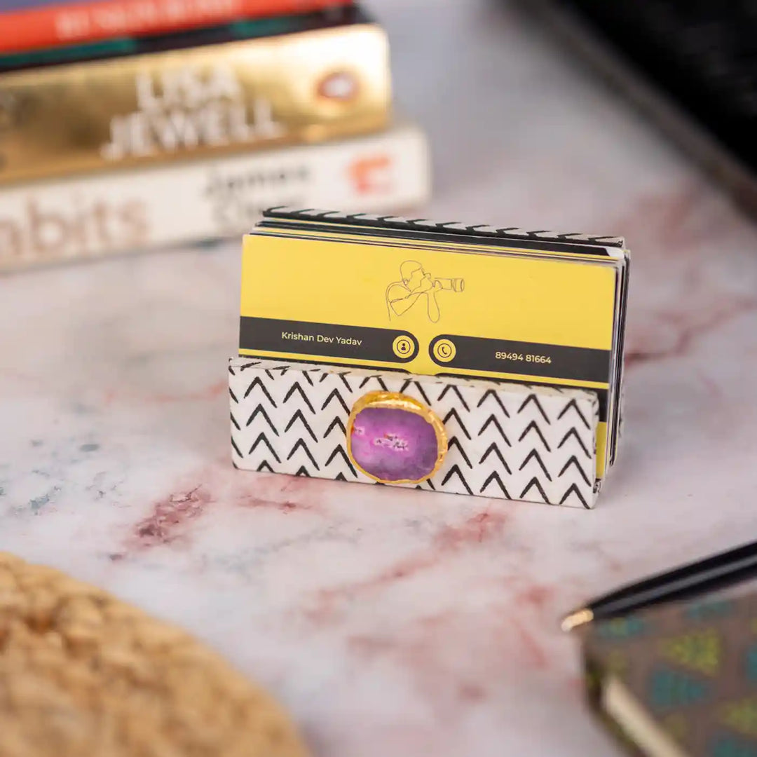 Black And White Cotton Fabric Coated MDF Visiting Card Holder With Agate Accent