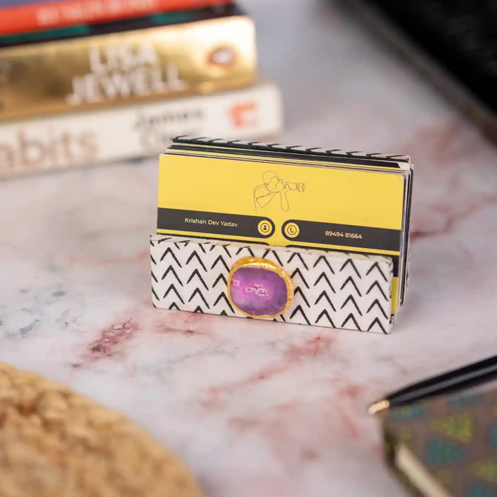 Black And White Cotton Fabric Coated MDF Visiting Card Holder With Agate Accent