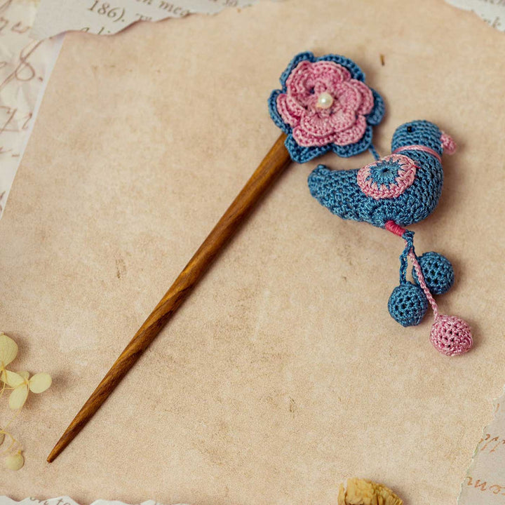 Handmade Crochet Guncha Pink Blue Camelia Birdie Bunch Hairstick